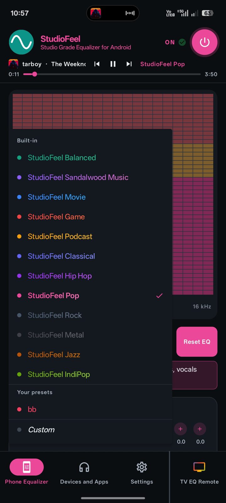 Preset list open on the phone: twelve colour-coded StudioFeel presets plus user presets