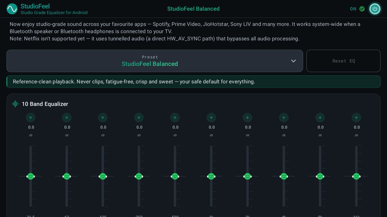 StudioFeel on Android TV: preset selector and ten-band equalizer on the big screen