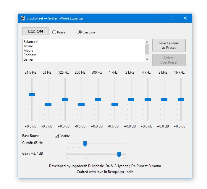 StudioFeel for Windows &mdash; main interface showing the 10-band EQ in Custom mode with bass boost enabled